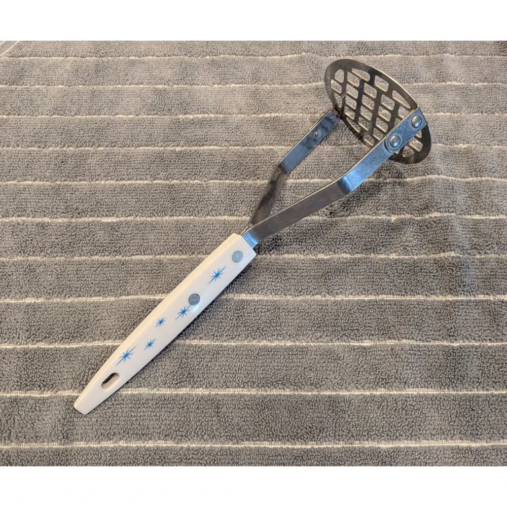Vintage Stainless USA Potato Masher Atomic Blue Starburst‎ MCM Kitchen Tool